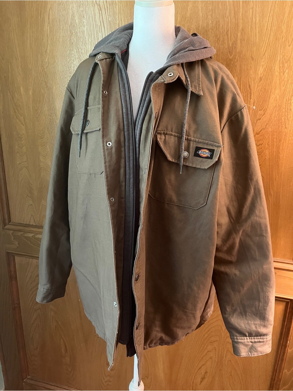 Sz L Dickies Olive Green Fleece Hooded Duck Shirt Jacket Water Repellant